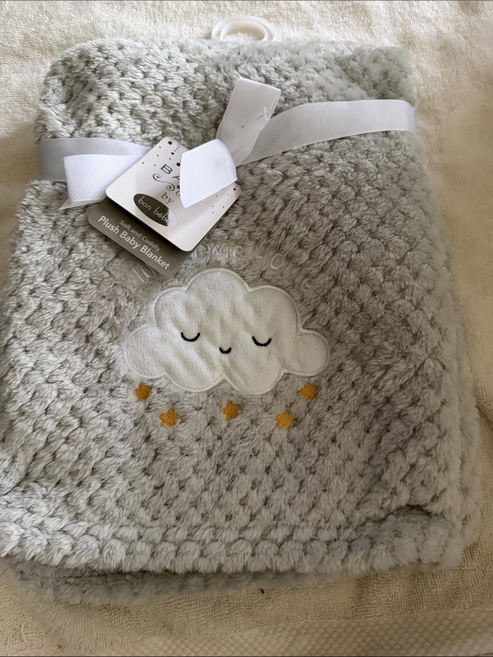 Plush Baby Blanket with Cloud Embroidery - Gray